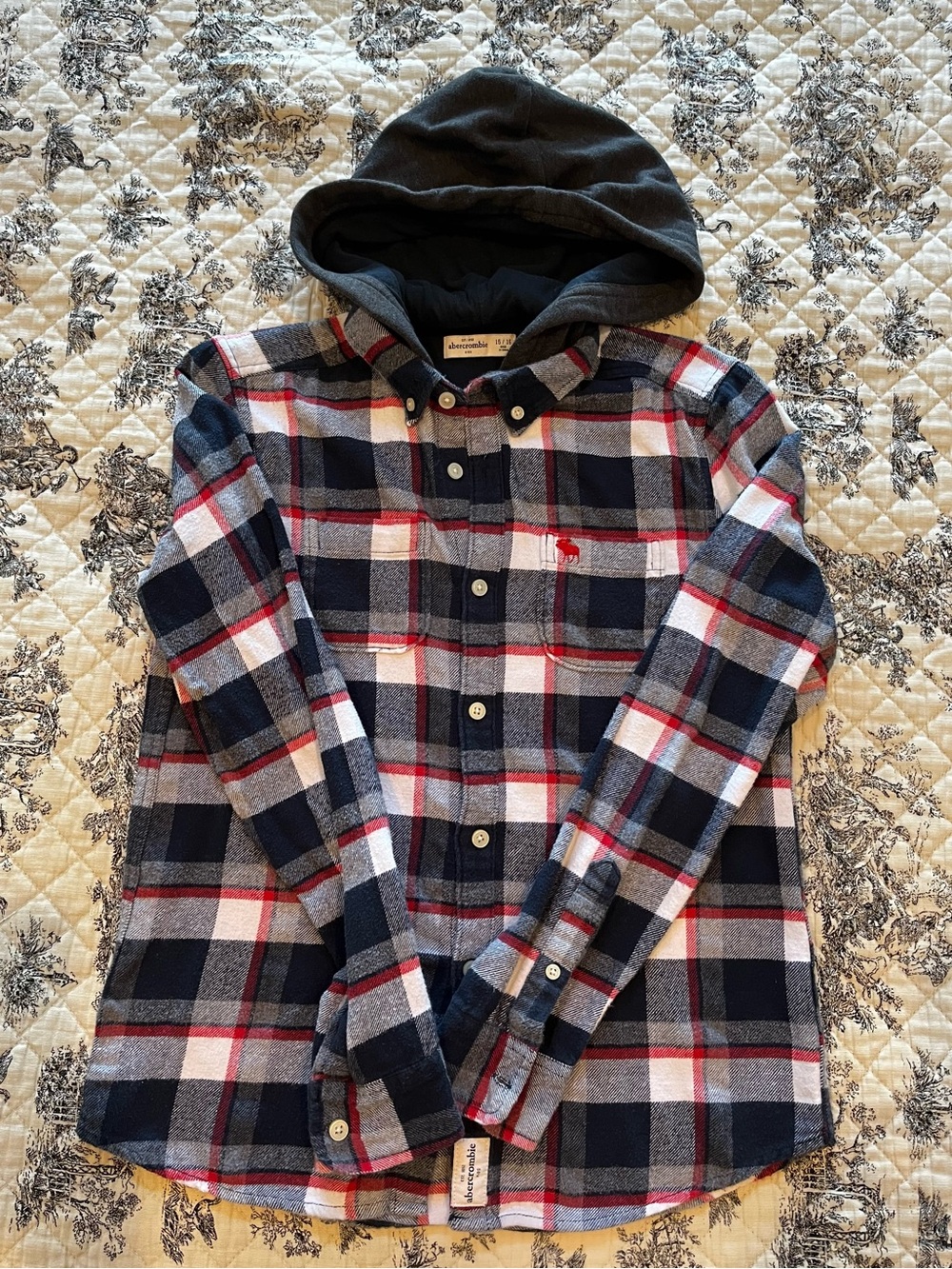 abercrombie kids navy, white & red plaid hooded flannel shirt, size 15/16
